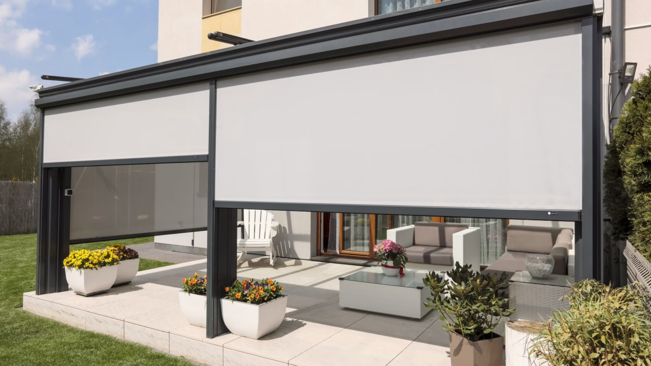 Zip screen blinds installed on a pergola in Dubai providing full outdoor shade and privacy